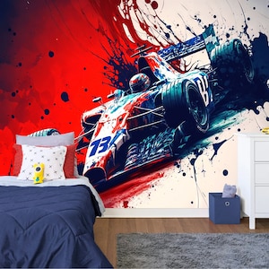 Formula 1 Sports Racing Car Art Boys Room Wallpaper Gift, Art Print Photomural Mural Easy-Install Removeable Peel and Stick Large Wall Decal