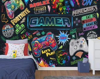 Gaming Room Wallpaper Mural, Peel and Stick Wall Decal, Kids Room Decor. Removeable