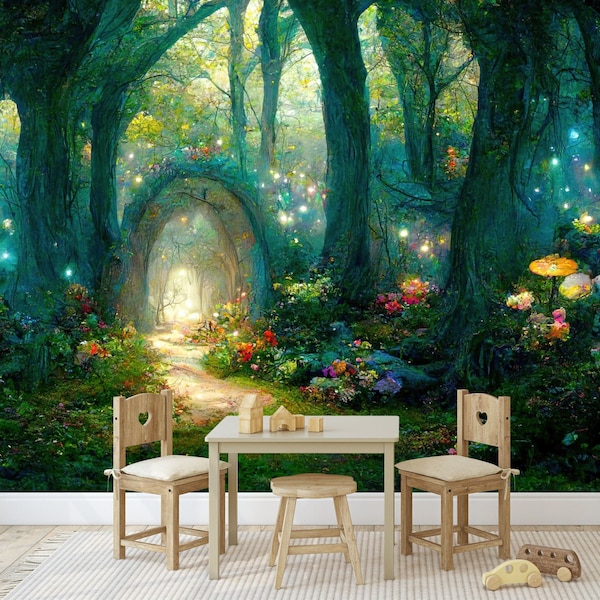 Fairytale Magical Forest at Night Generative AI Gift, Art Print Photomural Wallpaper Mural Easy-Install Removeable Peel and Stick Wall Decal