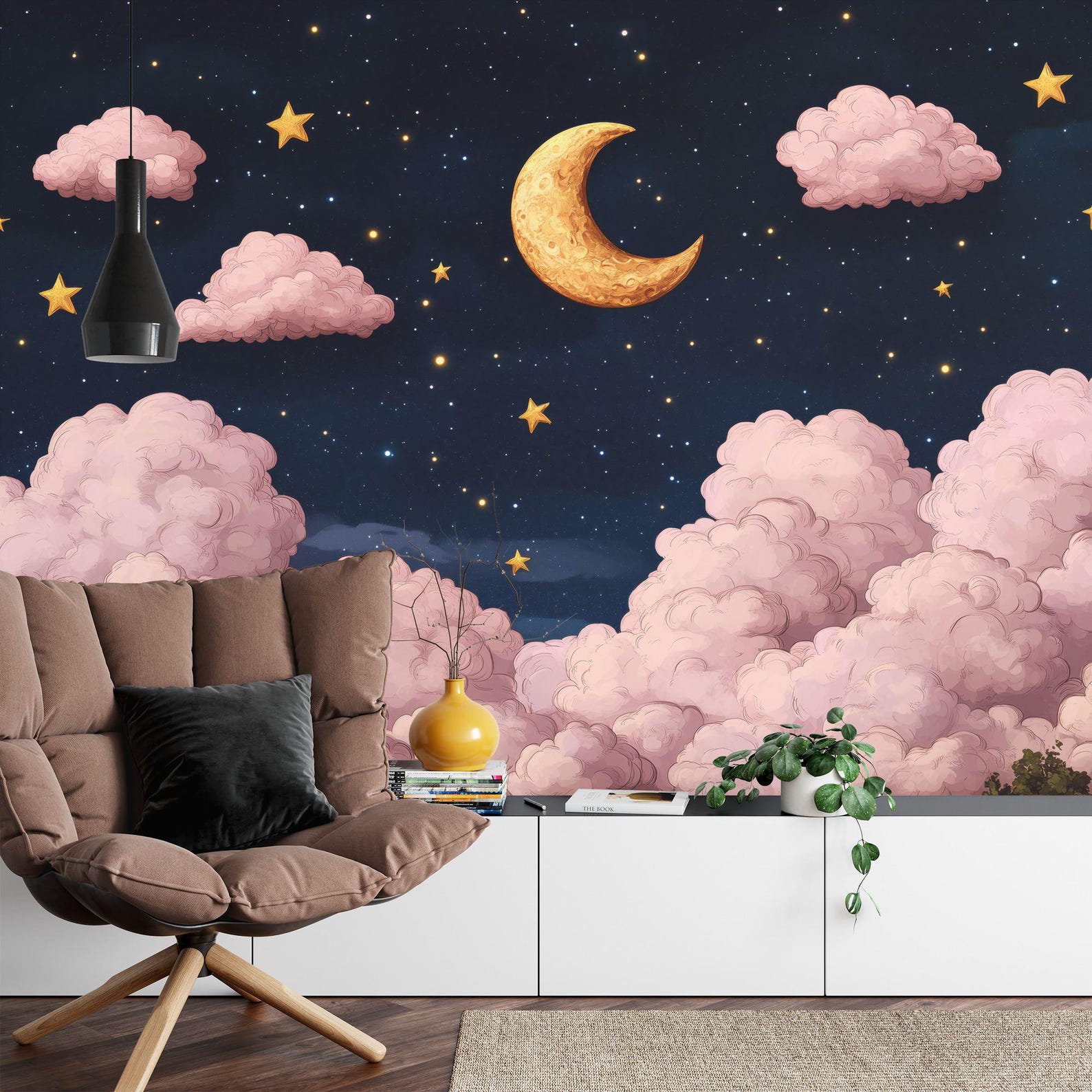 Starry Sky Nursery Wallpaper Mural | Golden Moon, Peel and Stick - Etsy