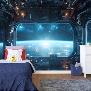 Outer Space Spaceship window View Gift, Stars Astronomy Kids Room Decor Easy-Install Wall Mural Wallpaper Peel and Stick Modern Art Washable