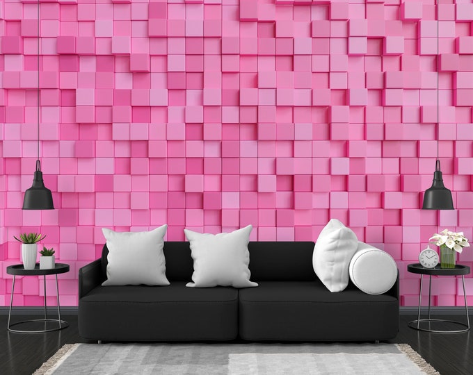 Abstract 3D Square Pixels Pink Games Concept Easy-Install Wall Mural Wallpaper Peel and Stick Modern Art Mural Washable Gift Kids Girls Room