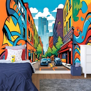 Colorful Cartoon City Streets Kids Room Gift, Art Print Photomural Wallpaper Mural Easy-Install Removeable Peel and Stick Large Wall Decal