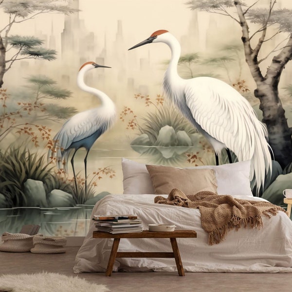 Heron Pond Mural, Painted Wallpaper, Removable Wall Decal