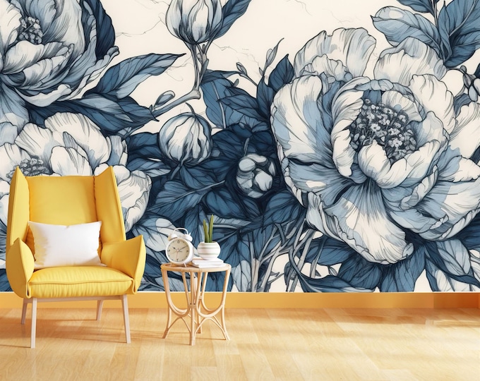 Vintage Flowers Illustration Floral Decor Gift, Art Print Photomural Wallpaper Mural Easy-Install Removeable Peel and Stick Large Wall Decal