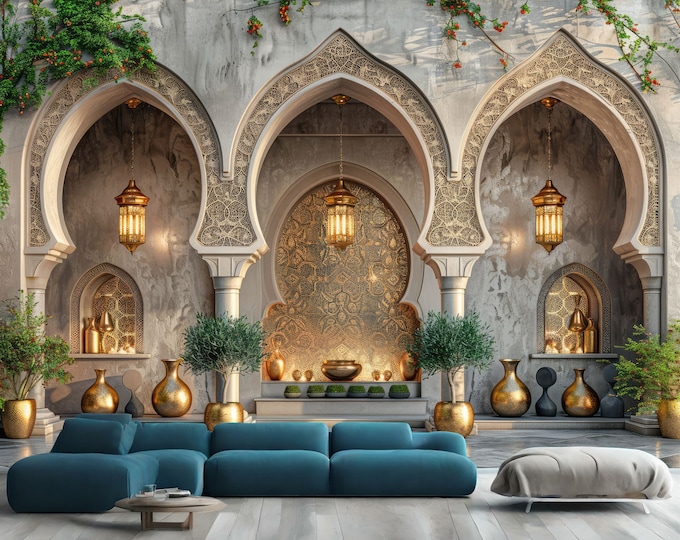 Arabian Nights Decoration Islamic Arches Gift, Art Print Photomural Wallpaper Mural Easy-Install Removeable Peel and Stick Large Wall Decal