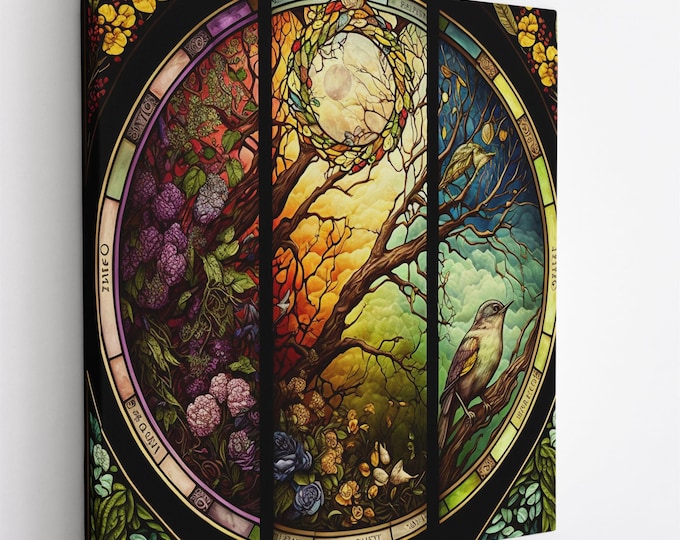 Stained Glass Window Showing Changing Seasons Square Colorful Natural Canvas Print Wall Art Picture Great Gift Idea High-Quality Home Wall