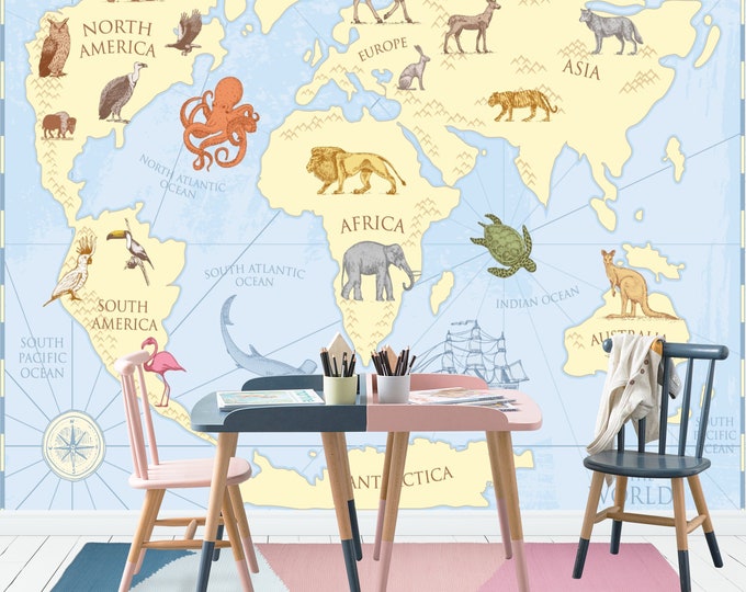 Kids Baby Room World Map Animals Wallpaper mural Art Print Photomural Decor Easy-Install Removable Peel & Stick High Quality Washable Vlies