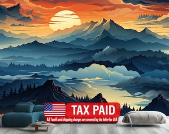 Watercolor Mountain Mural, Sun Art Print, Peel and Stick Wallpaper
