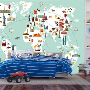 Weltkarte Reise Tiere Wunder Kinderzimmer Dekor Geschenk für Kinderzimmer Easy-Install Wandbild Tapete Schälen und Stick Moderne Kunst Waschbar