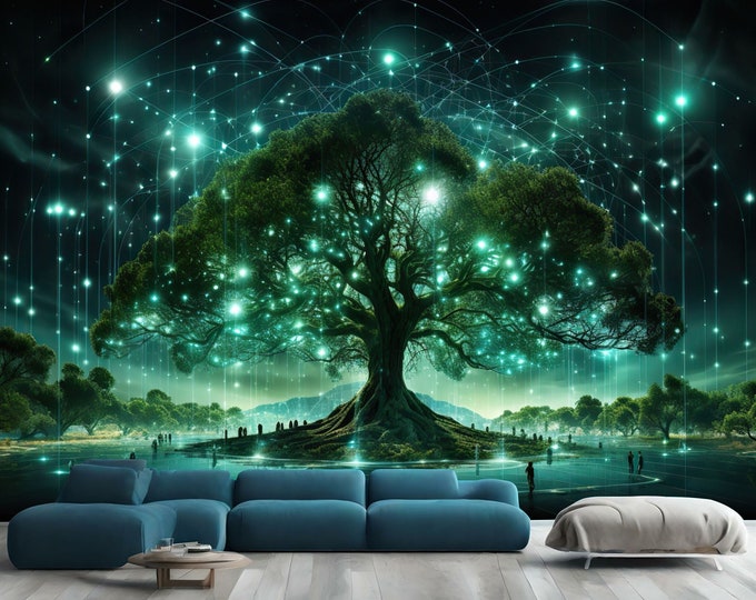 AI Generative Glowing Light Forest Trees Gift, Art Print Photomural Wallpaper Mural Easy-Install Removeable Peel and Stick Large Wall Decal