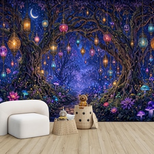 May include: A white armchair sits before a wall mural depicting a dark forest at night with glowing purple and blue flowers, mushrooms, and numerous hanging lanterns. Two woven baskets containing small plush bears are placed on the floor.