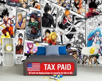 May include: A wall mural featuring a collage of manga and anime characters in black and white panels. The scene includes a bed with pillows, a white chair, and a yellow clock. A red sign with the text "TAX PAID" is visible.