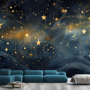Ciel nocturne, étoiles filantes brillantes, ciel et la lune, impression d'art, papier peint photo mural, sticker mural amovible facile à poser