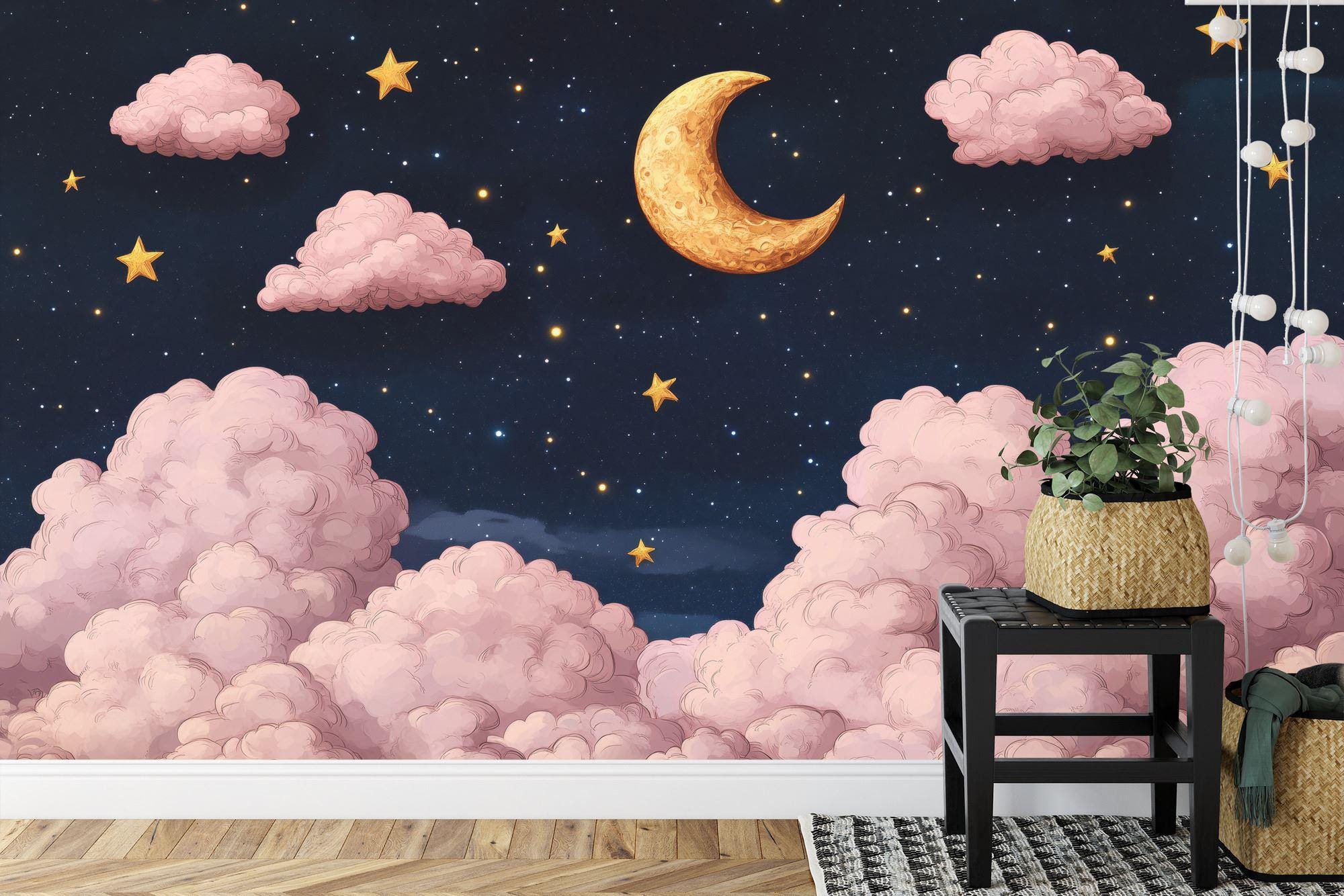 Starry Sky Nursery Wallpaper Mural | Golden Moon, Peel and Stick - Etsy
