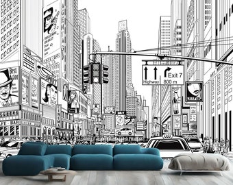 Cartoon City Street Black and White Comic Kids Room Gift, Art Print Photomural Wallpaper Mural Easy-Install Removeable Peel and Stick Decal