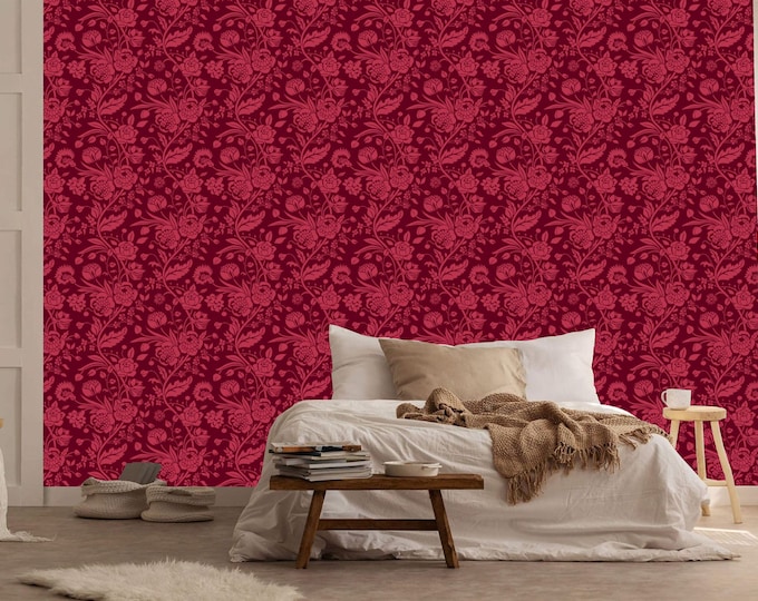 Burgundy Art Deco Rose Dark Red Floral Gift, Art Print Photomural Wallpaper Mural Easy-Install Removeable Peel and Stick Large Wall Decal