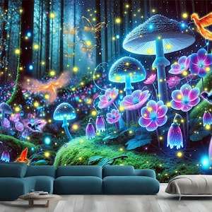 Enchanted Forest Luminous Mushrooms Gift, Art Print Photomural Wallpaper Mural Easy-Install Removeable Peel and Stick Large Wall Decal Art