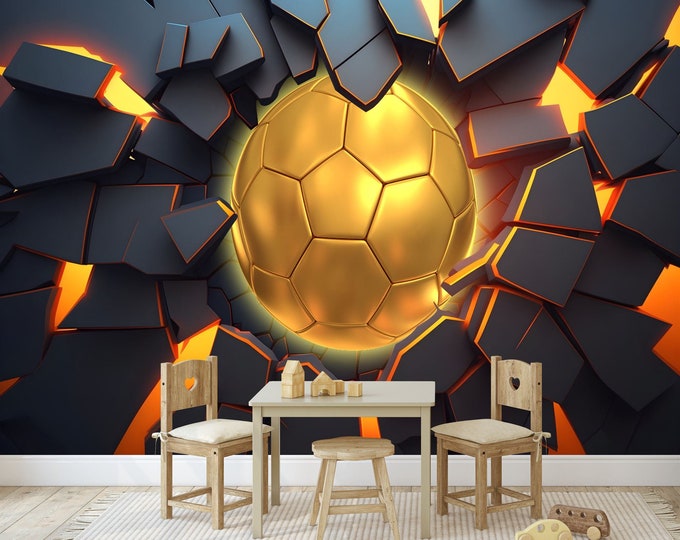 3D Wall Decor Golden Football, Sports, AI illuminated modern abstract Easy-Install Wall Mural Wallpaper Peel and Stick Modern Art Washable