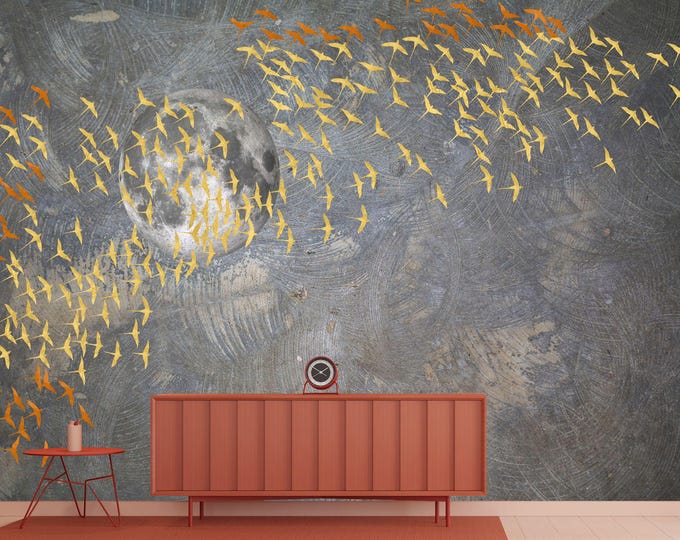 Creative Japanese Gold Thousand Birds Gift, Art Print Photomural Wallpaper Mural Easy-Install Removeable Peel and Stick Large Wall Decal Art