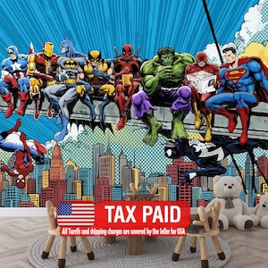May include: A vibrant comic book style mural depicting superheroes such as Captain America, Iron Man, and Batman, set against a cityscape. The text "TAX PAID" is displayed on a red sign with an American flag. The mural includes a teddy bear and a small wooden chair.