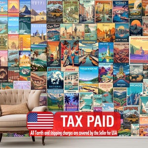 May include: A collection of travel posters depicting locations such as Sydney, New York, and the Caribbean, arranged on a wall. The posters have a vintage aesthetic, with bright colours and illustrations. A beige armchair with a cushion is in the foreground, and a red sign with the text "TAX PAID" is visible.