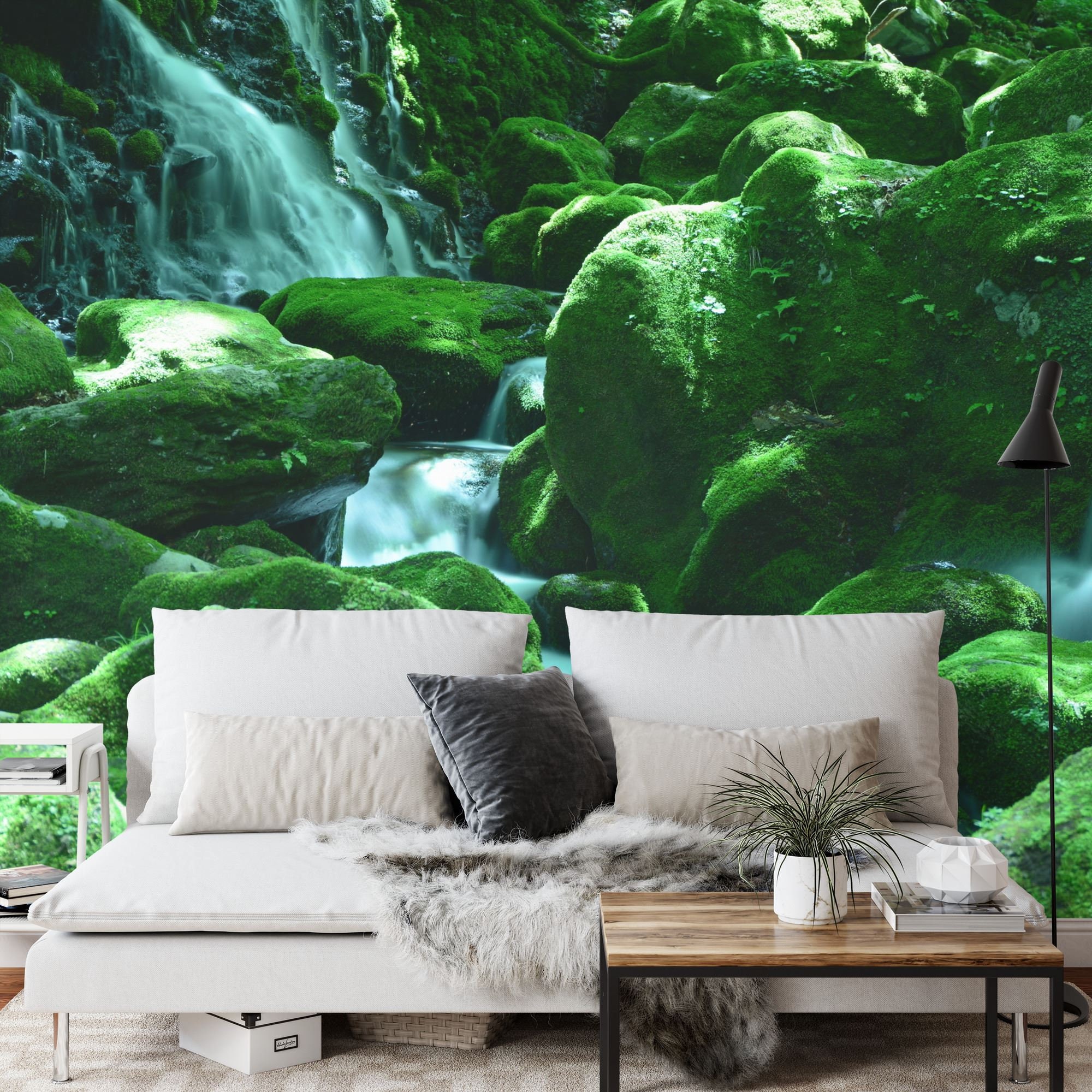Mossy Waterfall Stream Wall Mural, Green Nature Peel and Stick ...