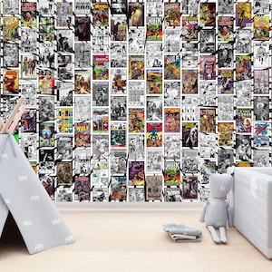 Vintage Comics Collage Mix Schwarz Weiß Wandbild Comics Seiten Waschbar, entfernbar oder Peel & Stick Wallpaper, Superhero Gaming Spielzimmer