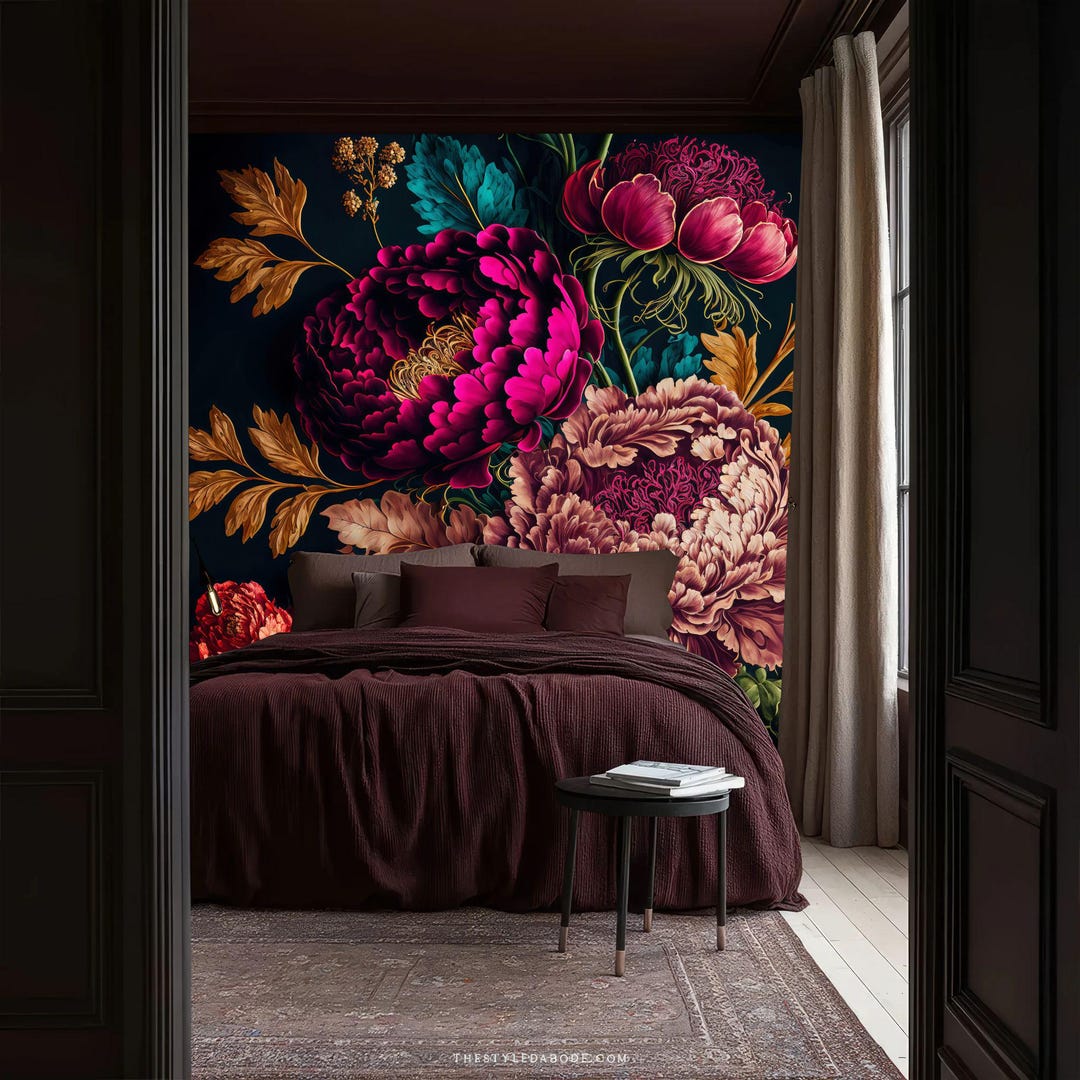 Dark Peony Floral Wallpaper: Bold Boho Wall Mural, Peel & Stick - Etsy
