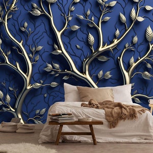 Elegant 3D Gold Royal Blue Floral Tree Gift Art Print Photomural Wallpaper Mural Easy-Install Removeable Peel and Stick Large Wall Decal Art