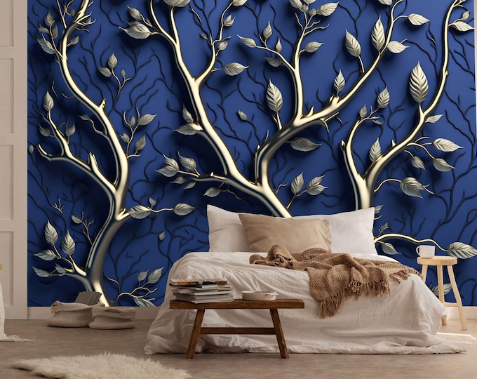Elegant 3D Gold Royal Blue Floral Tree Gift Art Print Photomural Wallpaper Mural Easy-Install Removeable Peel and Stick Large Wall Decal Art