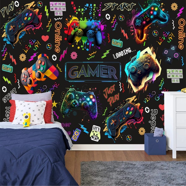 Gaming Room Game Playing Kids Room Decor Gift, Art Print Photomural Wallpaper Mural Easy-Install Removeable Peel and Stick Large Wall Decal