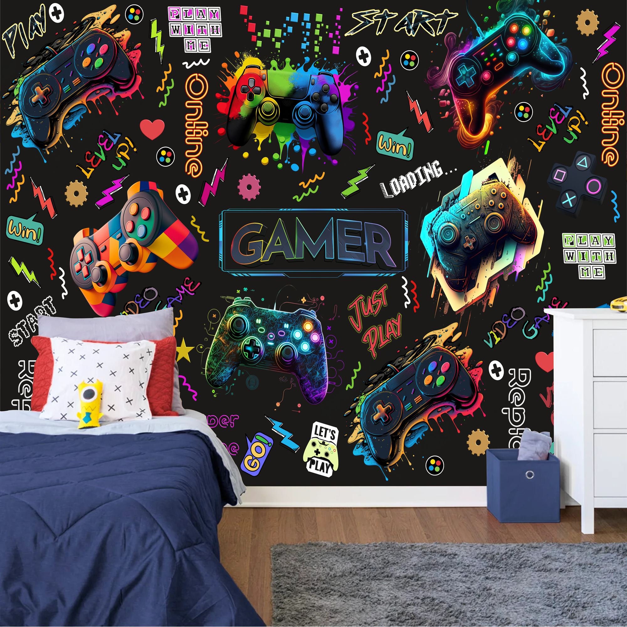 Papier peint de jeux, Murale pour adolescents, Casque amovible, Vinyle  autocollant, Papier peint peel and stick de jeu de chambre pour enfants,  Décor mural personnalisé -  France