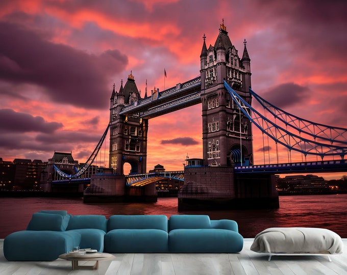 Tower Bridge London Over River Thames Gift, Art Print Photomural Wallpaper Mural Easy-Install Removeable Peel and Stick Large Wall Decal Art
