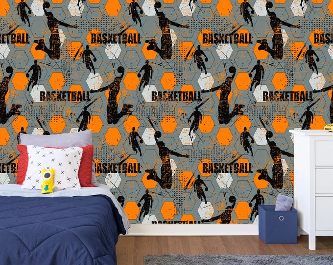 Basketball Pattern Kids Room Decor Gift, Art Print Photomural Wallpaper Mural Easy-Install Removeable Peel and Stick Children Wall Decal