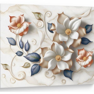 White Flowers Pattern Roses Digital Flowers Tiles on marble Natural Canvas Print Wall Art Picture Great Gift Idea High Quality Home Wall Art