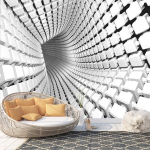 3D Perspective Tunnel Abstract White Art Print Photomural Wallpaper Decor Easy-Install Removeable Peel and Stick High Quality Washable Vlies
