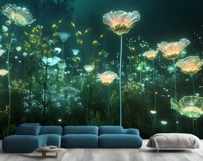 Luminous Techno Organic Garden Flowers Gift Art Print Photomural Wallpaper Mural Easy-Install Removeable Peel and Stick Large Wall Decal Art