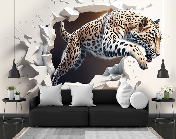 Leopard jumping out of a Wall Hole Gift Art Print Photomural Wallpaper Mural Easy-Install Removeable Peel and Stick Large Photo Wall Decal