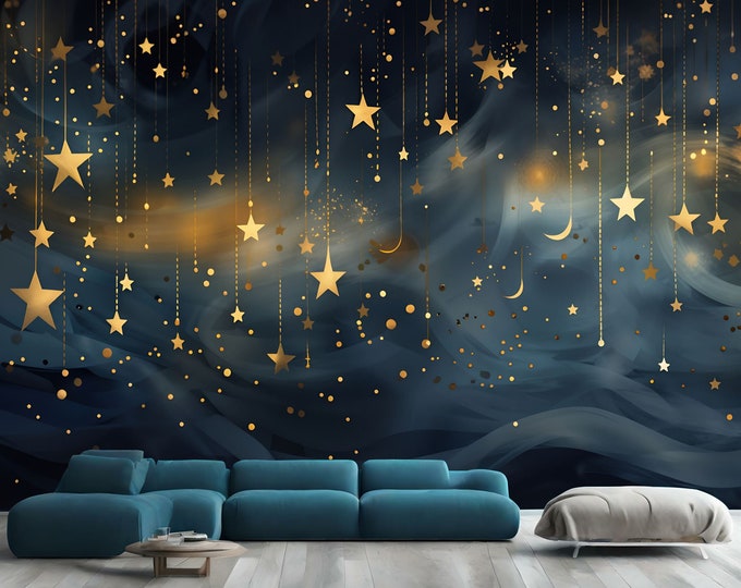 Night Sky Shining Falling Stars Sky and the Moon Gift Art Print Photomural Wallpaper Mural Easy-Install Removeable Peel and Stick Wall Decal