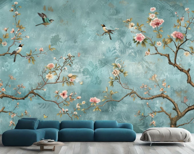 Vintage Chinoiserie Birds Trees and Flowers Gift, Art Print Photomural Wallpaper Mural Easy-Install Removeable Peel and Stick Large Decal