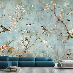 ヴィンテージ シノワズリ 鳥 木々 花 ギフト アートプリント 写真 壁画 壁紙 壁画 簡単取り付け 剥がして貼れる 大型デカール