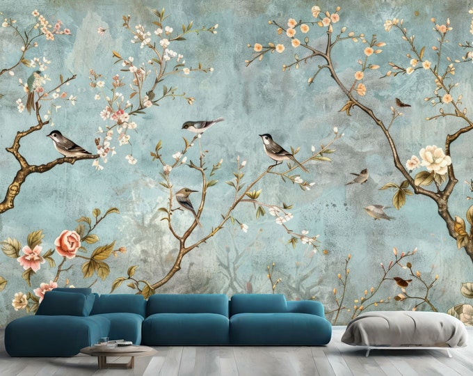 Vintage Chinoiserie Birds Trees and Flowers Gift, Art Print Photomural Wallpaper Mural Easy-Install Removeable Peel and Stick Large Decal