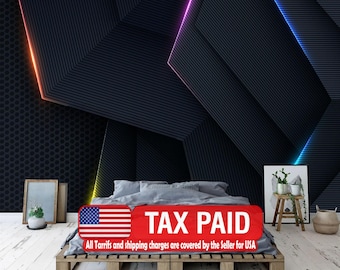 Neon Light Gaming Room Wallpaper Mural, Black Textured Wall Decal