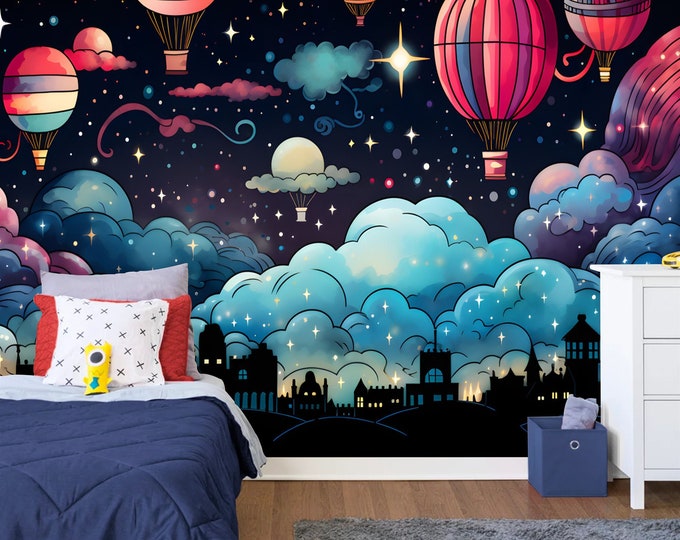 Colorful Cartoon City Starry Night Air Ballon Gift, Art Print Photomural Wallpaper Mural Easy-Install Removeable Peel and Stick Large Decal