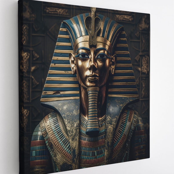 Golden Statue Ancient Egyptian Pharaoh Temple Square Colorful Natural Canvas Print Wall Art Picture Great Gift Idea High-Quality Home Wall