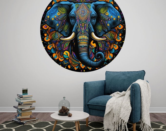 Colorful Elephant Mandala Art Circle Poster Photomural Wall Décor Easy-Install Removable Self-Adhesive High Quality Peel and Stick Sticker