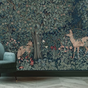 William Morris Whimsical Forest Woodland Deer Greenery Wall Gift Art Print Photomural Wallpaper Mural Easy-Install Removeable Peel and Stick