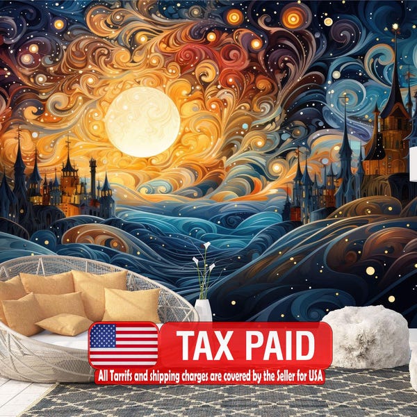 Fantasy Castle and Moon Landscape Wallpaper Mural, Peel & Stick Art