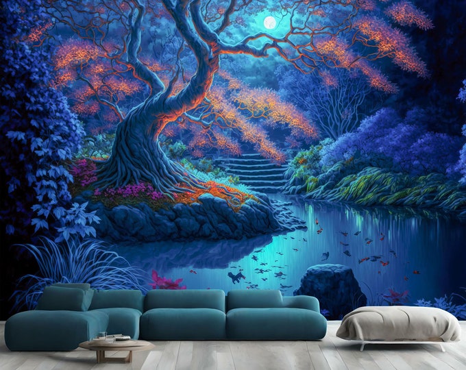 Fantasy Fairytale Magical Forest in Purple and Cyan Gift, Art Print Photomural Wallpaper Mural Easy-Install Removeable Peel and Stick Decal